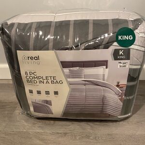 8 piece KING complete bed in a bag, grey and white